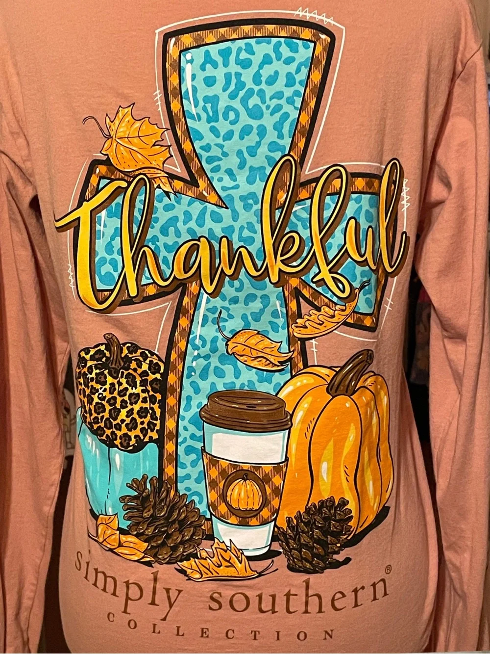 SIMPLY SOUTHERN Women’s Small Long Sleeve T-Shirt Thankful Pumpkin Fall Peach - Picture 6 of 9